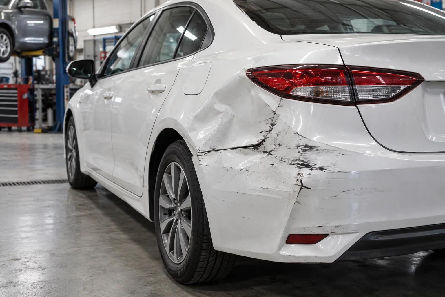 Повреждённая задняя часть белого автомобиля в кузовном цехе